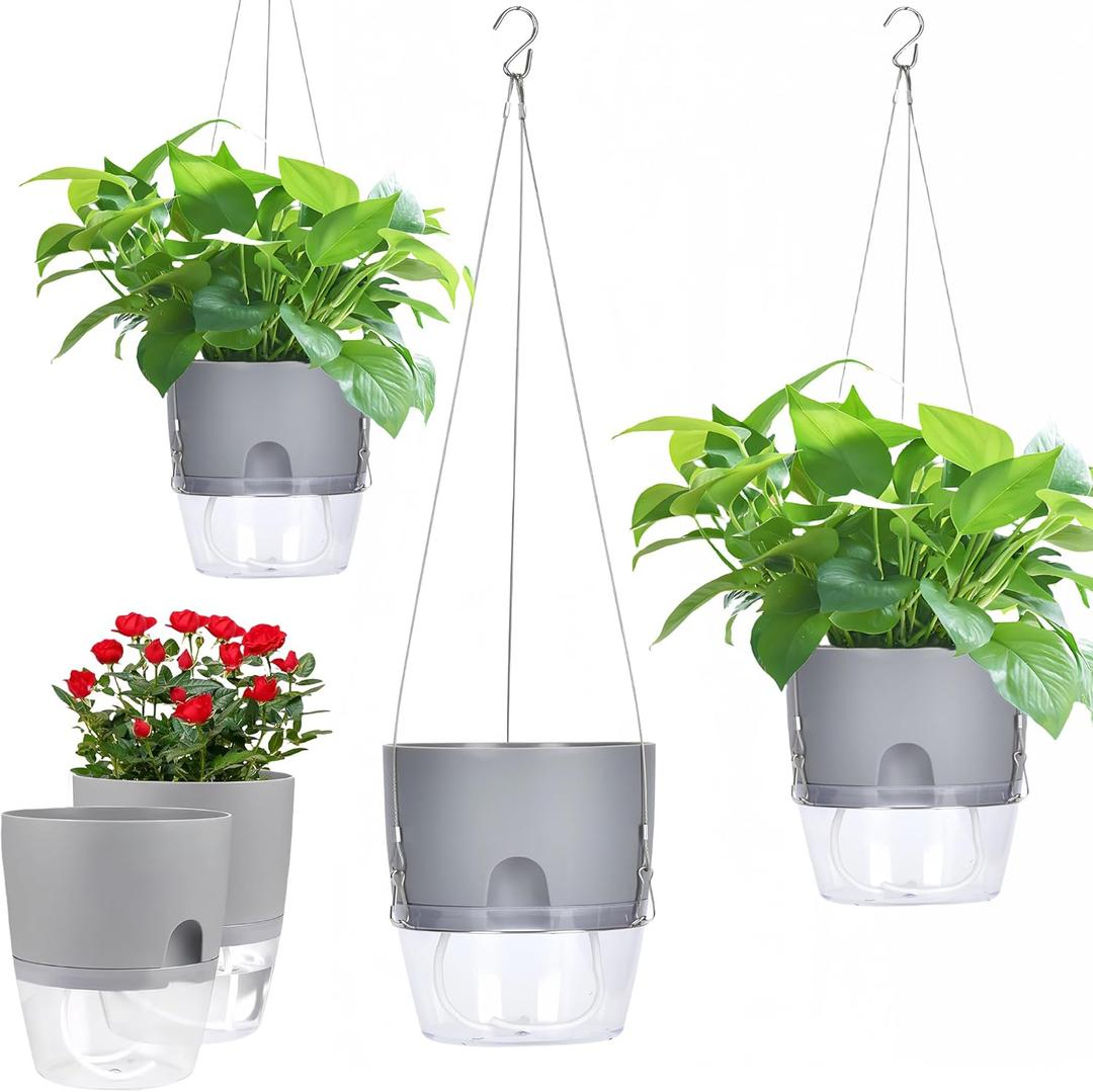 FAMZ Hanging Planter 3 Pack, Hanging Pots for Plants Indoor, 6 Inch Plant Hanger Indoor, Plant Hanger with 3 Hooks Drainage Holes for Garden Home Plant Pots (Gray)