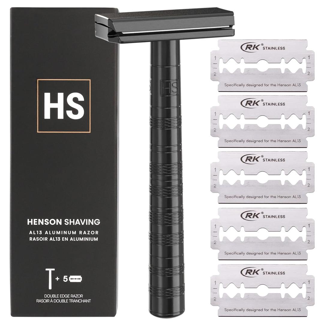 Henson Shaving Razor - Jet Black Double Edge Safety Razor with 5 Spare Blades - 30° Angled Precision With Superior Blade Rigidity- Reusable Single Blade Razors For Men and Women - Mild Aggression