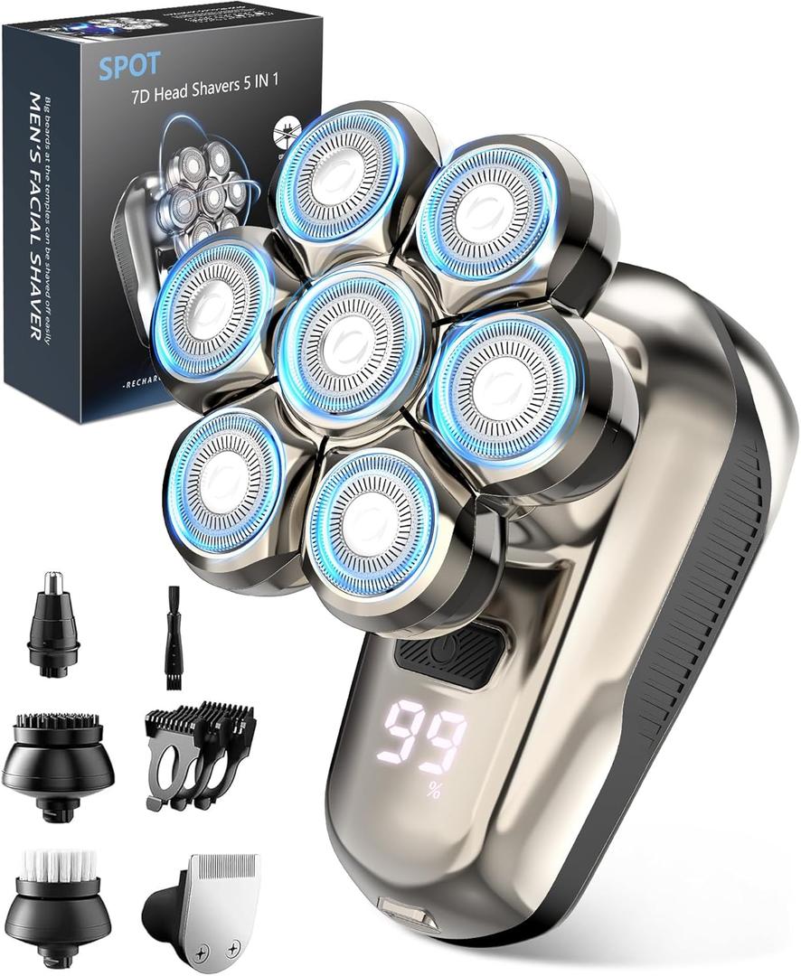 Head Shaver for Bald Men, 5-in-1 Electric Razor with 7D Floating & 2-Speed Modes, IPX7 Waterproof, LED Smart Display and & Type-C Fast Charging, Professional Grooming Kit for Men, Valentines Day Gifts