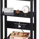 3-Tier Small Narrow Wood Side Table with Charging Station, Skinny Nightstand for Small Space, Slim Bedside Table with Storage for Couch, Thin End Table with USB Ports and Outlets, Black (1 Pack)