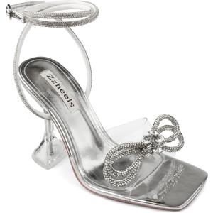 Zzheels Double Bowknots Crystal Sandals Clear Slingback Heels Square Toe Shoes for Party Wedding (Silver, 8 US)