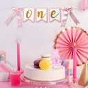 First Birthday Decorations for Girl - Pink Bow Complete Party Set with High Chair Banner, 1st Birthday Candle, Party Hat (Glitter One)