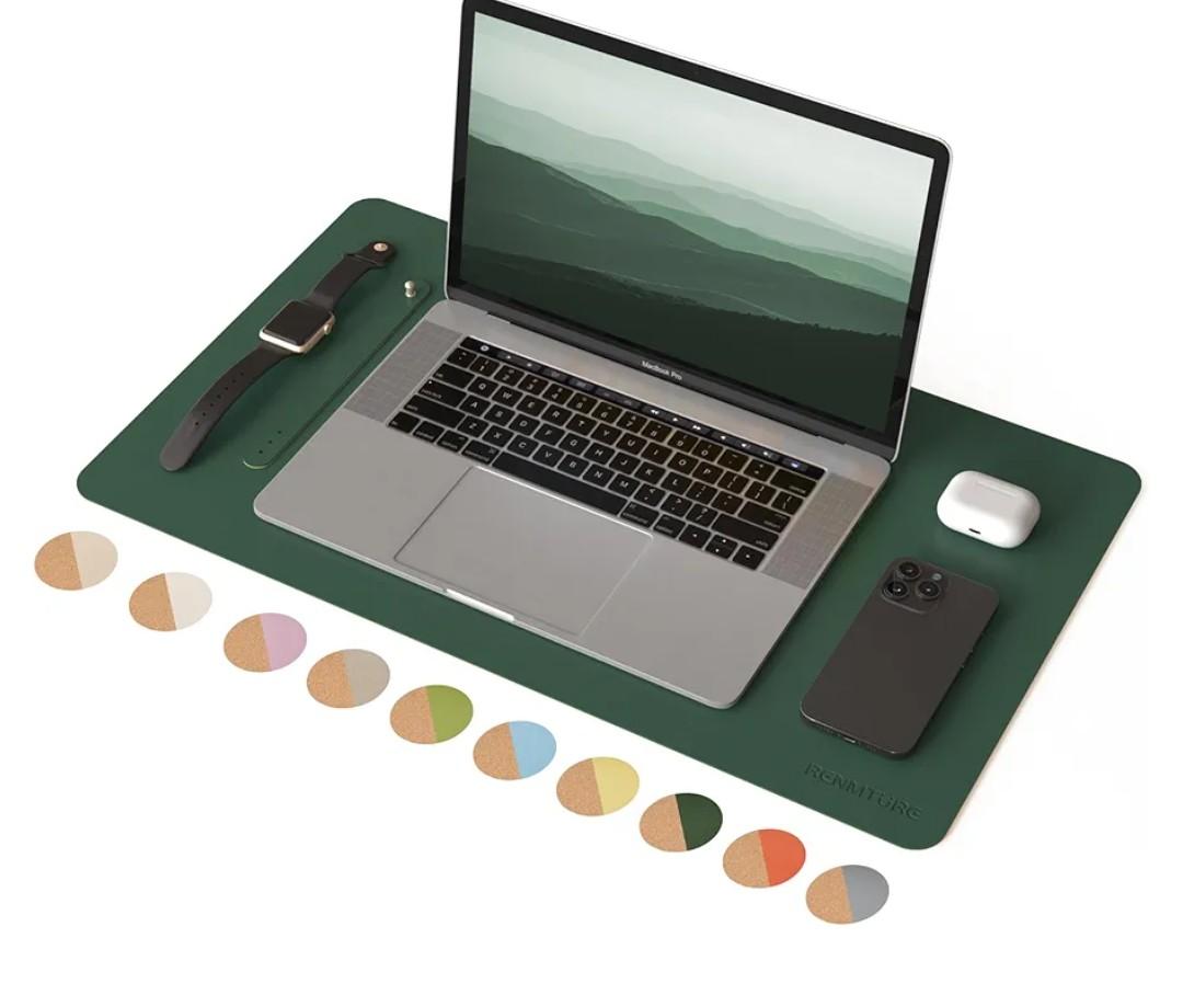 RENMTURE Dual-Sided Large Desk Pad, Faux Leather Natural Cork Mouse pad, Desk Accessories Protector, for Office and Home Work (Deep Green 32"x16")
