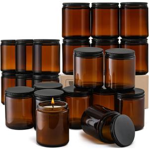 24 Pack, 8 OZ Thick Amber Candle Jars for Making Candle  Round Glass Jars with Lids  Empty Food Storage Containers, Canning/Mason Jar For Spice, Powder, Liquid, Sample  Leakproof & Food Grade