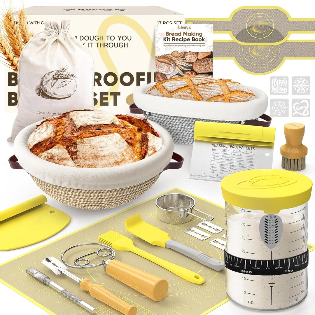 Sourdough Starter Kit with Cotton Rope Banneton Basket & Jar, Bread Baking Supplies and Tools Set, Complete Sourdough Bread Making Kit, Baking Gift for Women Moms & Beginners Sourdough Starter Kit with Cotton Rope Banneton Basket & Jar, Bread Baking Supplies and Tools Set, Complete Sourdough Bread Making Kit, Baking Gift for Women Moms & Beginners