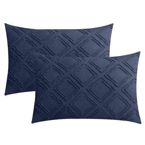 JELLYMONI Pillowcases Standard Size Navy Blue 2 Pack Boho Plaid Bed Pillow Covers 20x26in Polyester Envelope Pillow Shams Tufted Bohemian Textured (Pillows are not Included)