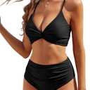 ZAFUL Twist High Waisted Bikini for Women Cross Lace Up Bathing Suit Ruched Bikini Swimsuits Tummy Control Swimwears (Medium, Black)