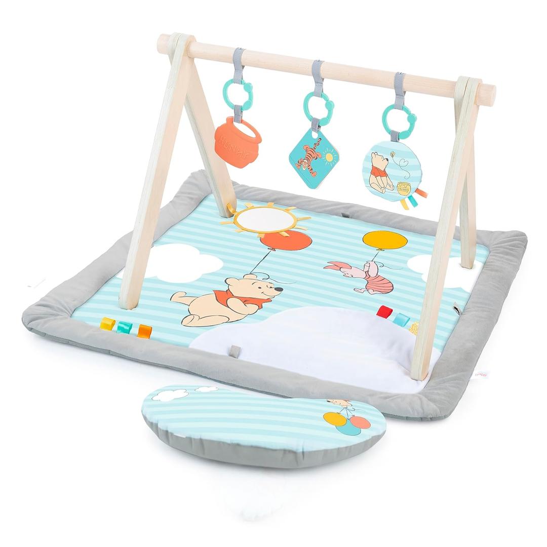 Bright Starts Disney Winnie The Pooh Once Upon a Tummy Time Baby Play Mat with Wooden Toy Bar, Tummy Time Mat and Play Gym, Sensory Toys, Blue, Newborn