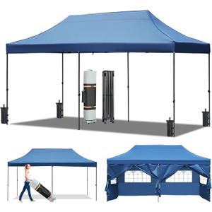 10x20 Pop Up Canopy Tents with 6 Sidewalls, Heavy Duty Party Tents, UV and Waterproof Protection, 3 Height Adjustable Outdoor Canopy Tent with Roller Bag for Weddings, Events, and Beach (Blue)