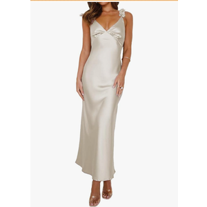 Phicia Summer Satin Spaghetti Strap V Neck Midi Dresses for Women Wedding Guest Elegant Flower Backless Cocktail Formal Dress, Size L