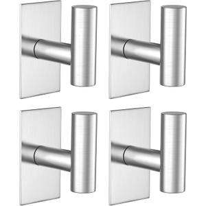 VAEHOLD Wall Towel Hooks, Heavy Duty Sticky Holder Waterproof Towel Hooks for Hanging Coat, Clothes, Closet Hook Wall Mount for Kitchen (Silver, Adhesive 4 Pack)