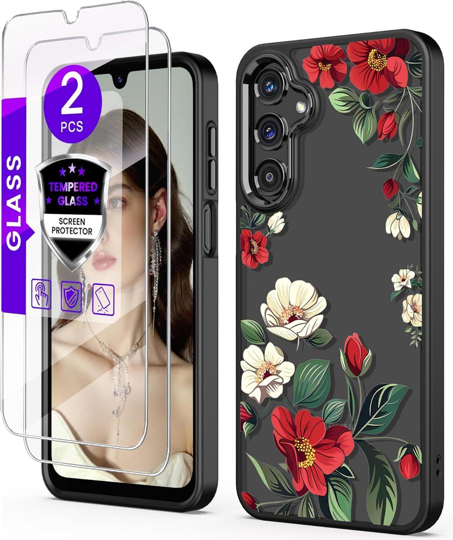 for Samsung Galaxy A16 5G Case+Tempered Glass Screen Protector,Military Grade Protective Slim Soft TPU + Hard PC,Girls Women Crystal Clear Flower Pattern Case Cover for Galaxy A16 5G-Black