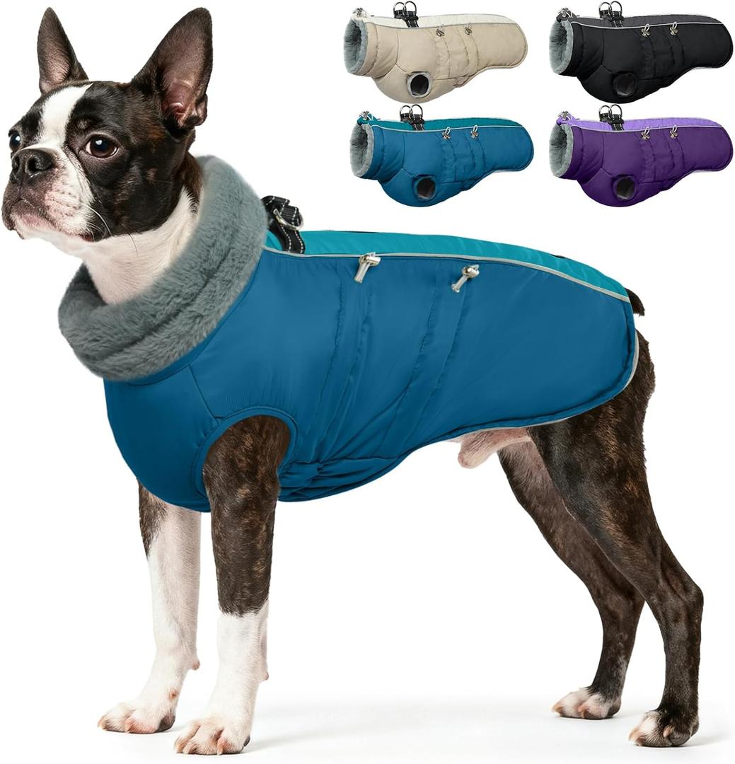 IDOMIK Warm Dog Coat with Harness, Waterproof Reflective Dog Jackets for Small Medium Large Dogs, Fleece High Collar Winter Jacket with Zipper, Pet Winter Snowsuit Clothes for Cold Weather,Blue S (S(Neck Girth:12.6"))