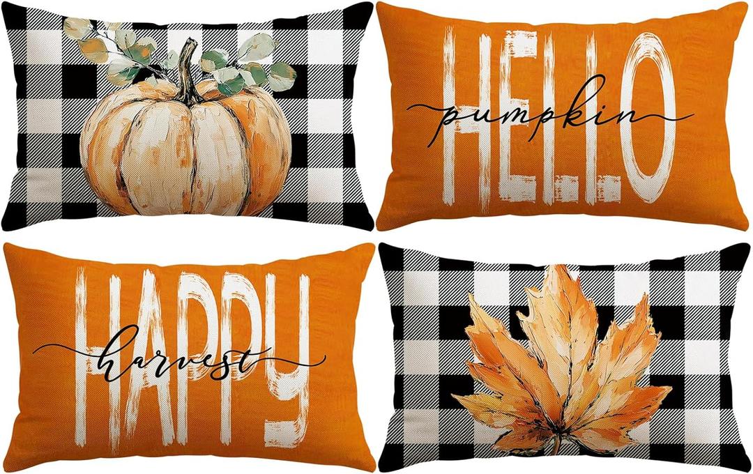 Artscope Fall Decorative Throw Pillow Covers 12x20 Inch Set of 4, Hello Happy Autumn Pumpkin Buffalo Plaid Maple Leaves Harvest Outdoor Farmhouse Pillow Cases for Home Sofa Couch-Orange B