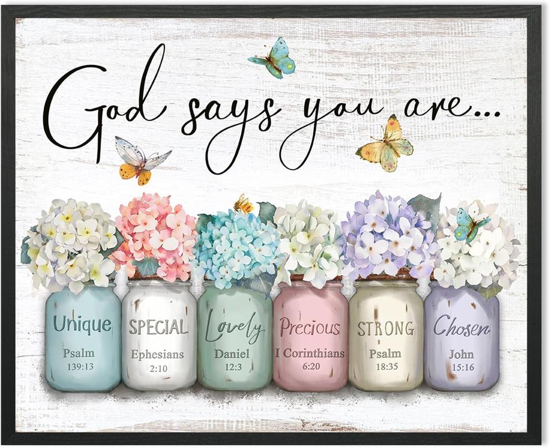 Inspirational Bible Verse Wall Art: God Says You Are Wall Decor Framed Christian Painting 24" x 30",Hydrangea Flower in Mason Jar Prints Hanging Posters Religious Bedroom Decor for Women Girls
