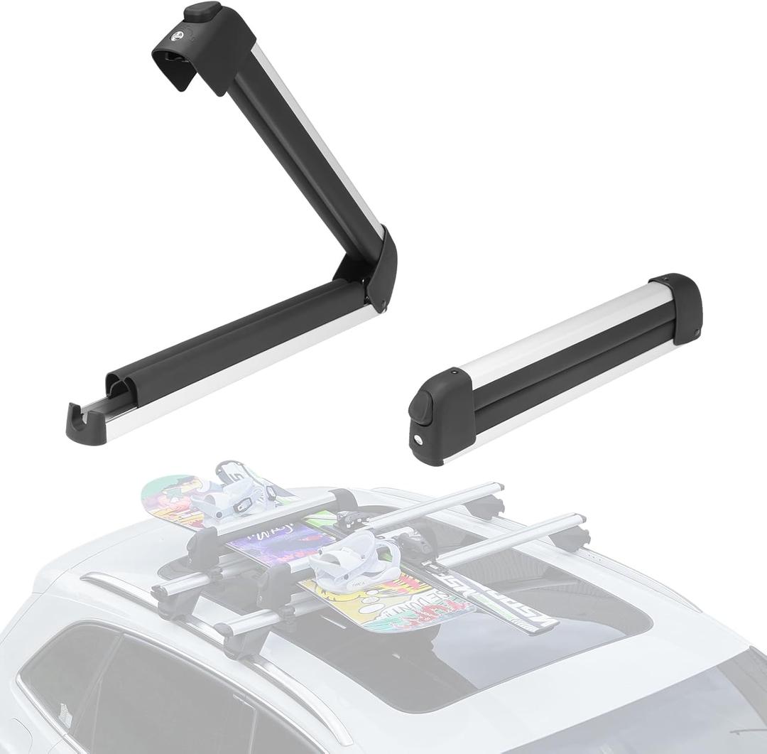 16.3 Inch Car Roof Ski & Snowboard Rack,Fishing Rod Rack, Fits 2 Pairs Skis or 2 Fishing Rods, with Anti-Theft Lock & TPV Rubber Padding, Fits Square/Round/Aero/Oval Cross Bars, Silver