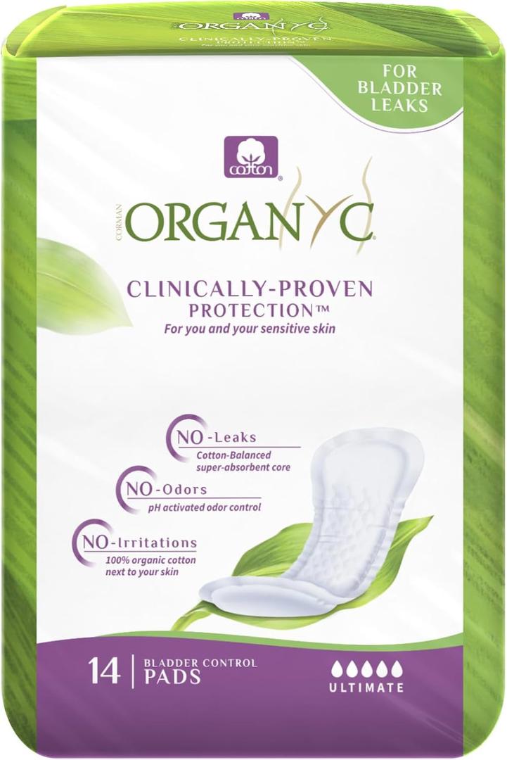 Organyc  100% Organic Cotton Inside and Out Light Incontinence Pads for Bladder Leaks, FSA/HSA Eligible, Ultimate Flow, 14 Count