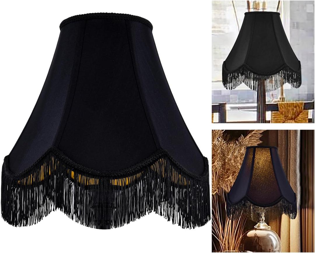 GO&SO Black Silk Bell Lamp Shades Petal Edge Braid with Black Fringe Trim, 6"x13"x10.6"(Spider), Classic Scalloped Lamps Shade Hand Crafted, Replacement Lamp Shades for Table,Floor Lamps,Easy Assembly