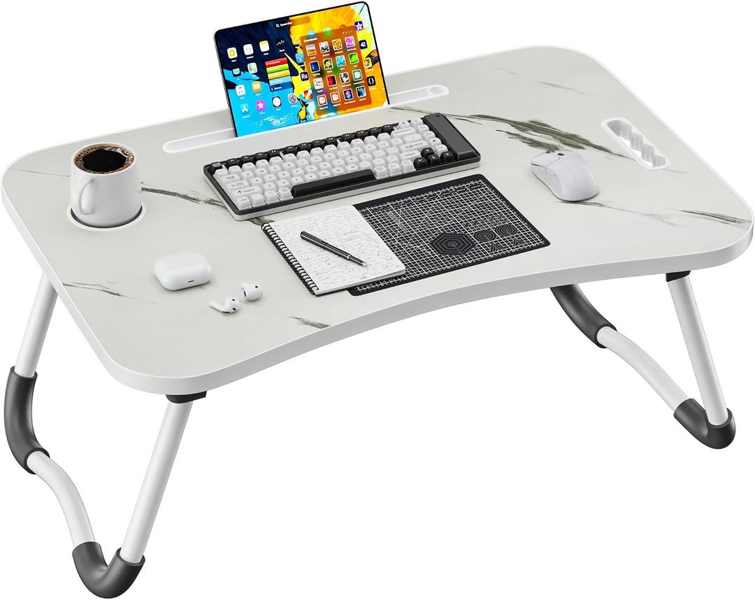 Folding Lap Desk, 23.6 Inch Wood Laptop Bed Desk with Cup Holder, Portable Bed Table for Working Writing Reading & Eating for Bed, Sofa, Couch, Floor - White&Black