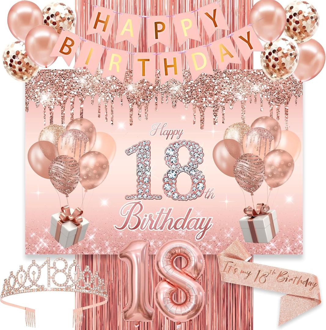 18th Birthday Decorations for Girls,rose gold happy birthday banner,happy 18th birthday Backdrop, its my 18th Birthday Sash, Sweet Rhinestone Tiara Crown,18th Balloons, Rose Gold