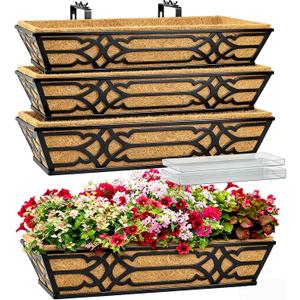 4 Pack 24 Inch Window Boxes Planters with PET Tray and Coco Liner, Metal Railing Planter Boxes for Outdoor Plants, Heavy Duty Hanging Garden Trough for Porch Deck Railing and Backyard Fence
