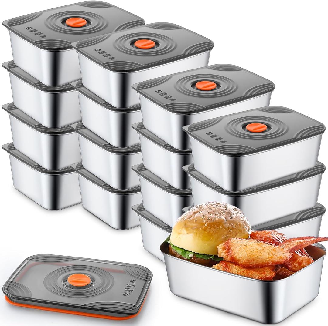 Layhit 16 Sets 34oz Stainless Steel Food Storage Containers with Lids Large Reusable Stackable Metal Container Outdoor Rectangle Fruit Lunch Box for Picnic Travel Dishwasher and Freezer Safe