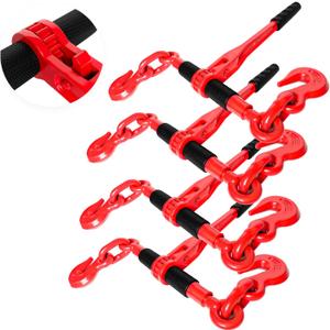 Ratchet Chain Binders 1/2'' - 5/8 | 4 Pack Load Binder with 2 Grab Hooks | Tie Downs for Grade 70 Transport Chain | 13,000 Lbs. Safe Working Load- Heavy Duty Ratchet Binders for Towing (Red  Manual)