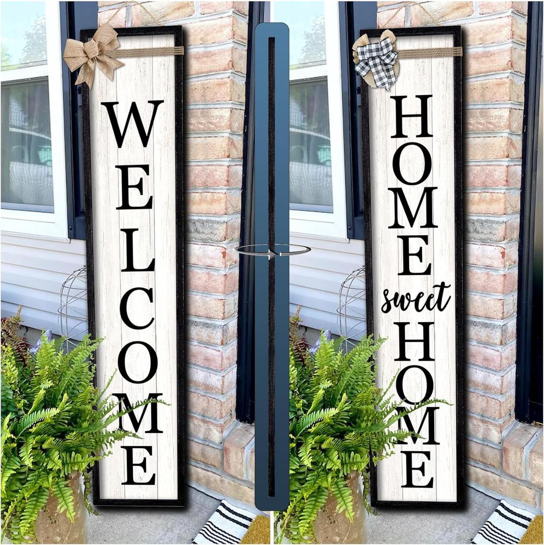 Surfapans Outdoor Welcome Sign for Front Porch Standing Large 2 Sided 45"X9" Wooden Frame Tall Vertical Leaner Long Home Sweet Home Front Door Sign for Rustic Outside Farmhouse Modern Decor (Black)