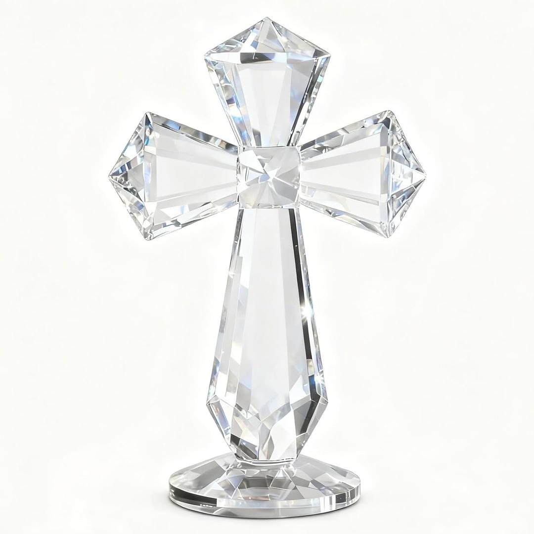 Crystal Standing Cross Decor  Handmade Glass Holy Cross Figurine, Christian Easter Gifts, Religious Decorations for Women & Men, Baptism Confirmation Gifts, Church or Home Office Display (Clear)