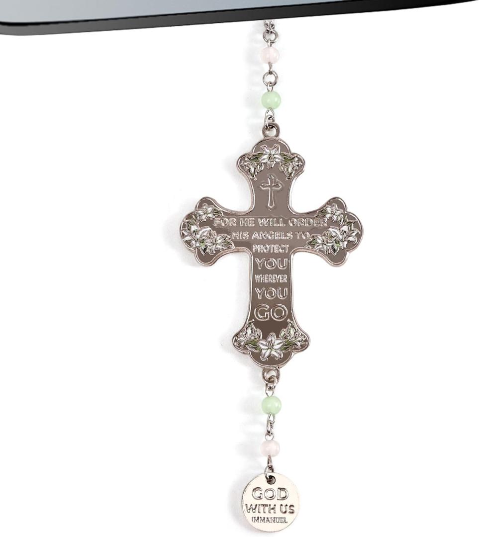 2 x Cross Car Mirror Hanging Christian Gifts for Men Women, Metal Daily Bible Verse Car Rearview Decor Accessories, Christ Ornament Religious Gift for Truck Driver