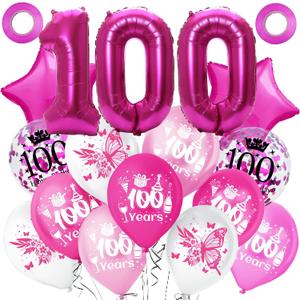 3 x Rosered Happy 100th Birthday Balloons Hot Pink Latex Inflatable Clear Confetti Helium Balloons Anniversary Party Decorations Supplies for 100 Year Old Women, Her, Mom, Sister