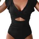 B2prity Women's One Piece Swimsuit Ruffle Cutout Bathing Suits Slimming Tummy Control V Neck Wrap Swimwear, M