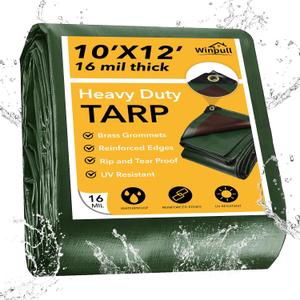 Winpull Tarp 10x12 Feet 16 Mil Heavy Duty Waterproof Tarp, Large Multipurpose Cover with Brass Grommets and Reinforced Edges, UV Resistant Thick Poly Tarps for Outdoor Camping Tent Pool Car, Green