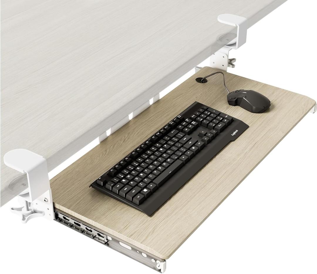 AX WABER Keyboard Tray Under Desk Pull Out with Extra Sturdy C Clamp Mount System, 27.3 (32.5 inch Including Clamps) x 11 Inch Slide-Out Platform Computer Drawer for Typing Grain AX01WG01