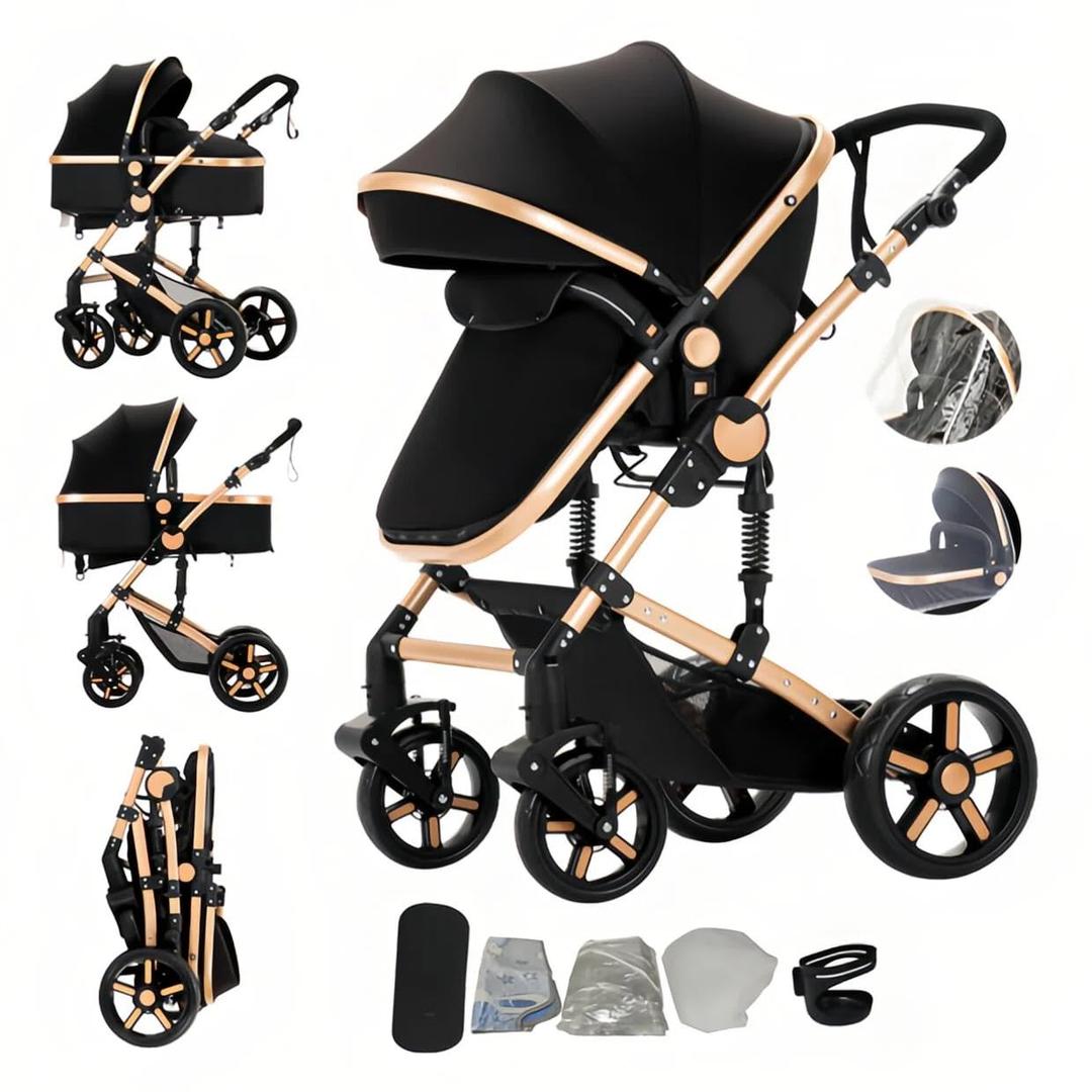 2 in 1 Baby Stroller with Bassinet Mode, Reversible Infant Pram, One-Click Folding, Newborn Travel Stroller, Convertible Toddler Standard Pram Carriage (2US588-BG)