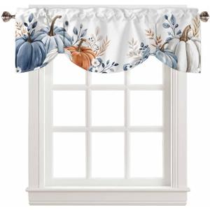 Fall Pumpkin Curtain Valances for Kitchen Window Tie Up Shade Thanksgiving Blue Pumpkin Short Topper for Small Windows Autumn Leaves Rod Pocket Valance Curtains for Bedroom Laundry 54" x 18" (Blue White Orange)