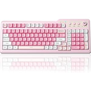 Aula F3099 Wireless Keyboard with Media Knob, Tri-Mode BT5.0/2.4GHz/USB-C Cute Creamy Keyboard with Number Pad, RGB Backlit Gaming Keyboard, Quiet Typing Pink Computer Keyboards for Office Laptop/PC