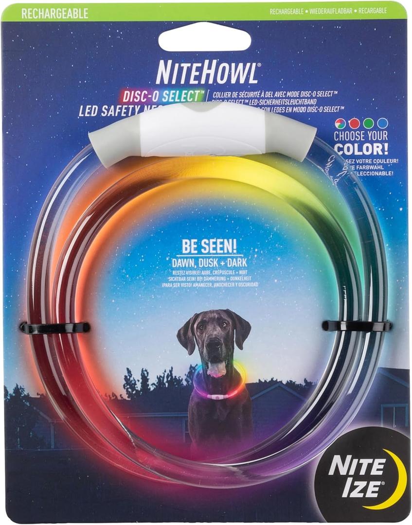 Nite Ize NiteHowl Rechargeable LED Safety Necklace - Disc-O Select - High-Visibility Collar for Nighttime - 360-Degree Illumination & Customizable Fit - Color Changing - Weather Resistant - Regular