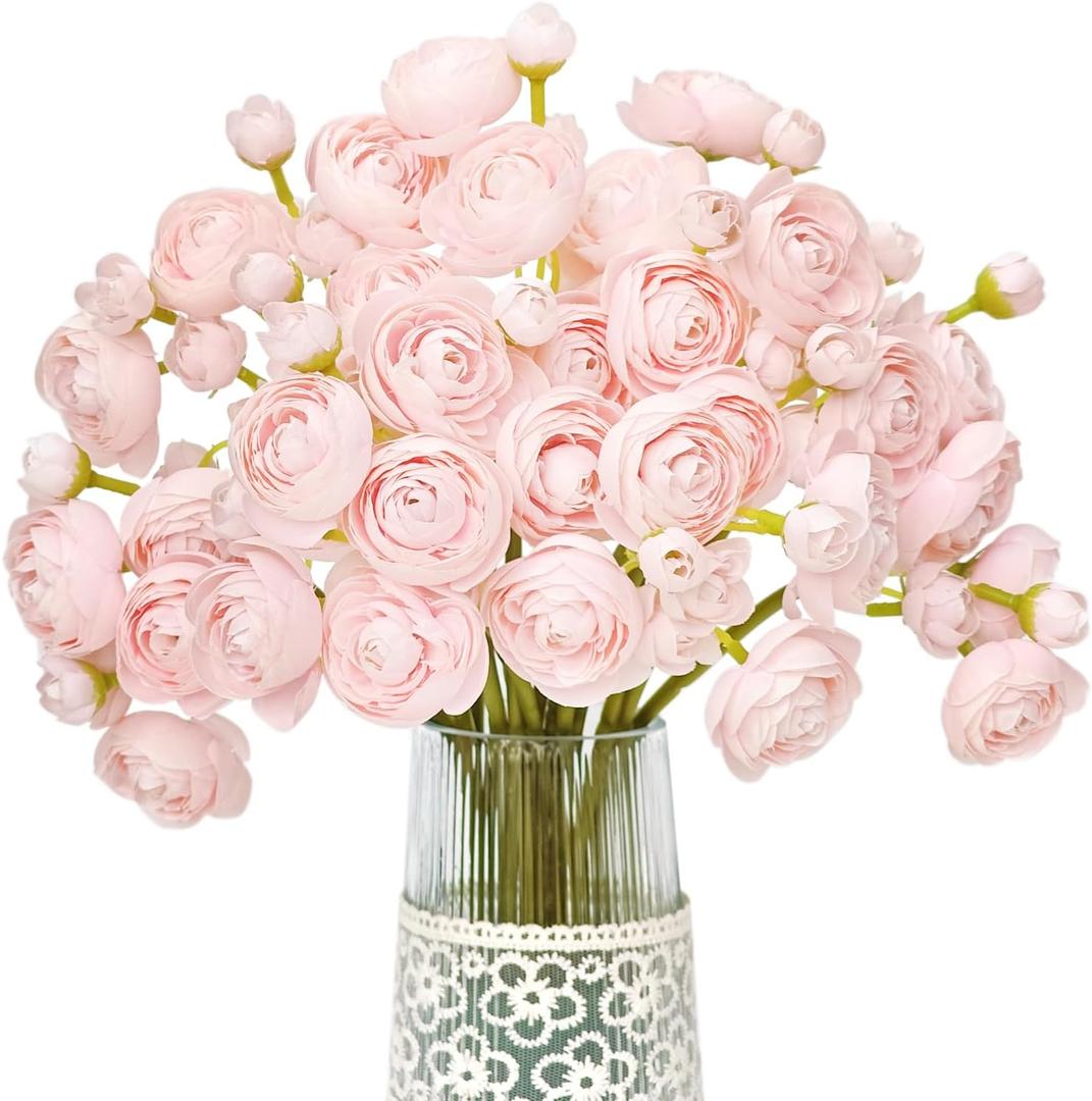 Letjolt Ranunculus Artificial Flower Pink Silk Flowers Faux DIY Bouquet for Wedding Engagement Centerpieces Arrangements Bridal Shower Decorations Home Decor 2Pcs