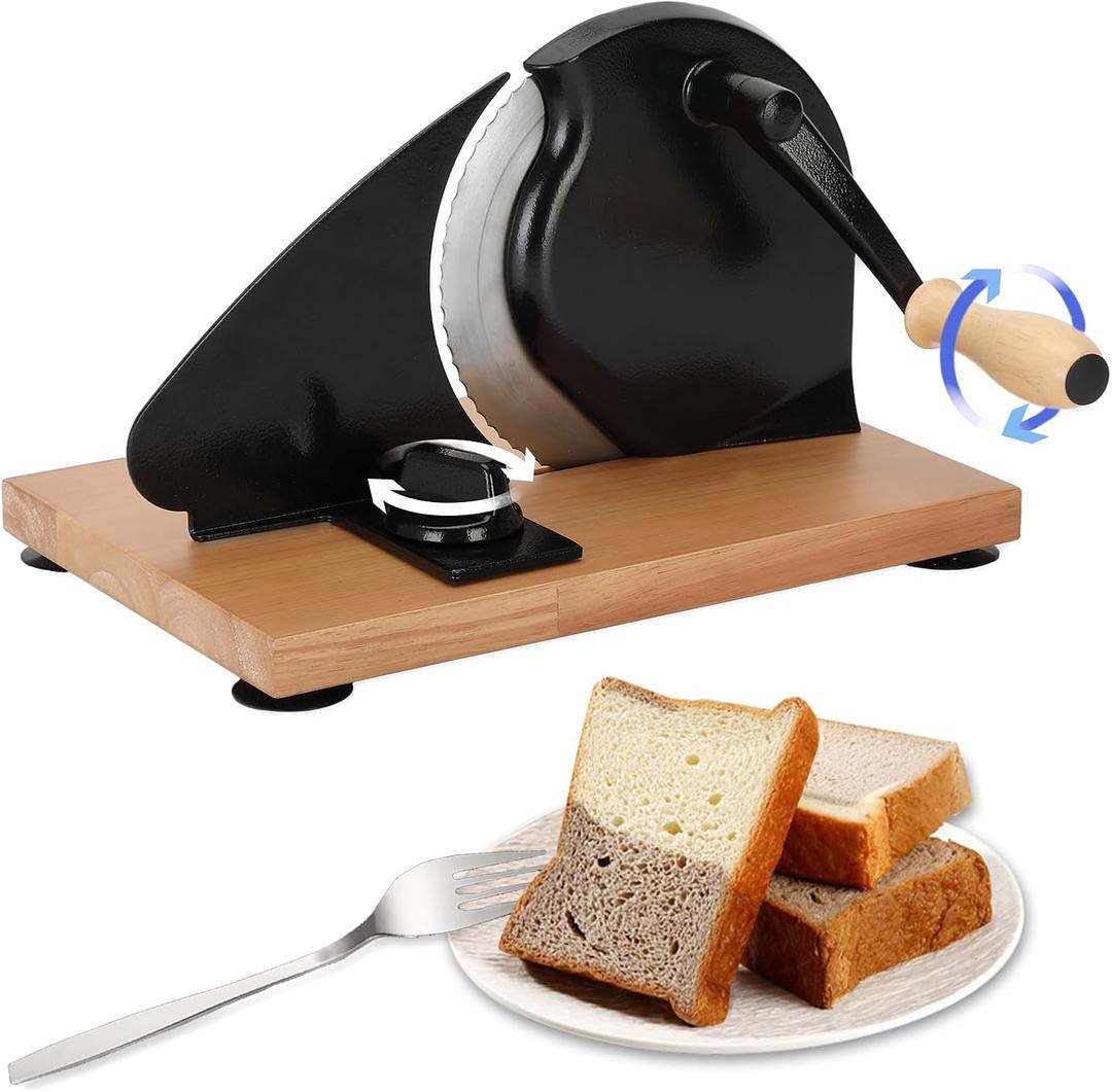 Manual Bread Slicer with Hand Crank - Adjustable Thickness Stainless Steel Bread Cutter for Even Slices, Versatile for Homemade Sourdough, Sandwich Bread & More, Suction Cup Base for Stability (Black)