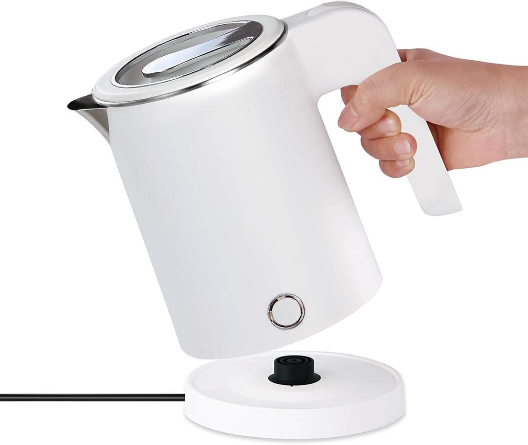 0.5L Small Portable Electric Tea Kettle Stainless Steel, Travel Mini Electric Coffee Kettle, Hot Water Boiler Heater for Business Trip, Camping, Travel, Office (White)