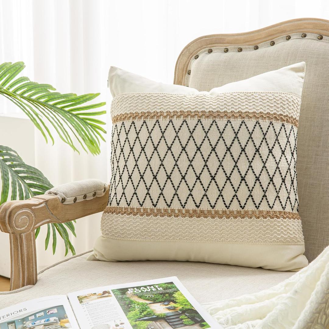 Throw Pillow Covers 20 x 20 Inch 1PC for Farmhouse Living Room, Cotton & Burlap Textured Striped Woven Boho Pillow Covers (Beige & Black Grid)