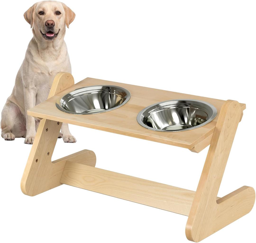 Solid Birch Wood Elevated Dog Bowl Stand for Large & Medium Dogs