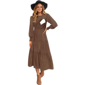 Womens Flutter Long Sleeve Smocked Tiered Nursing Dress for Breastfeeding (Small, Coffee-09)