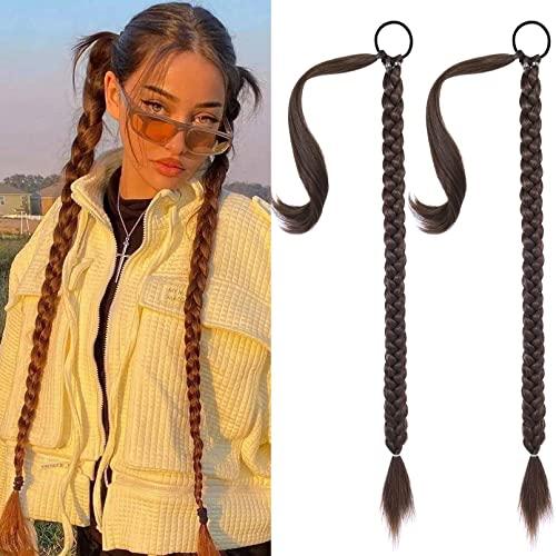 SEIKEA 2PCS Long Braid Ponytail Extension with Hair Tie Long Straight Wrap Around Hair Extensions Ponytail Natural Synthetic Hair Piece Dark BrownCopper Highlights 26 Inch (After Braided 23 Inch)
