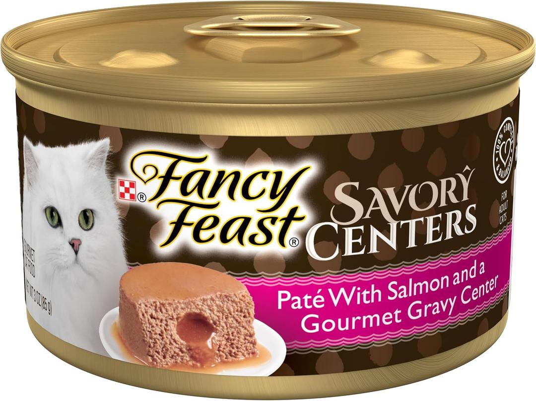 Purina Fancy Feast Savory Centers With Salmon Gourmet Wet Cat Food Pate With Gravy Center - (Pack of 24) 3 oz. Cans (EXP 03/31/28)