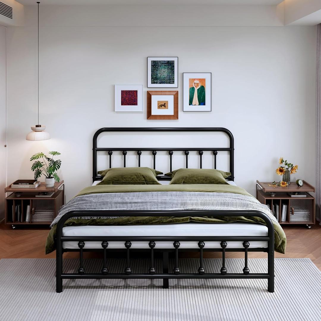 14Inch Metal Bed Frame, Queen Size Bed Frame with Storage Space,Heavy Duty Sturdy Mattress Foundation,Easy Assembly,No Box Spring Needed, Black