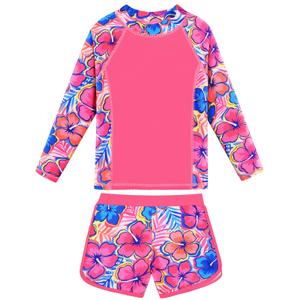 Girls Rash Guard 2 Pieces Swimsuit Long Sleeve Bathing Suit UPF 50+ Sun Protection Beach Tankini Swimwear S508_HotFlower_14A