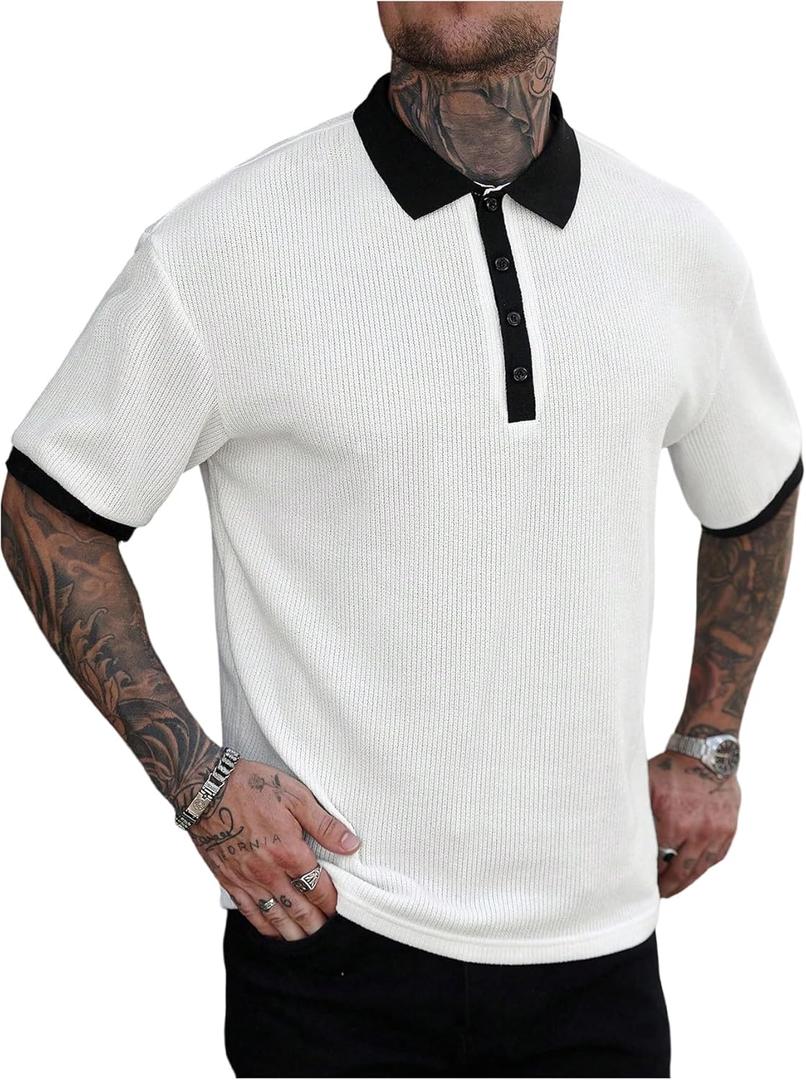 Verdusa Men's Business Casual Button Up Tennis Shirts Collared Short Sleeve Tops Formal Outfits (White, L)