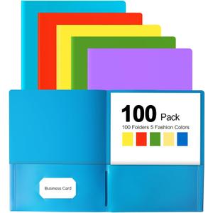 HABGP 100 Folders with Pockets, 5 Color Heavy Duty Plastic Two Pocket Folder with Business Card Holder for Office High School Business Resume